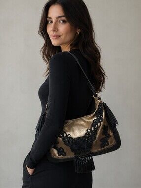 Frosting By Mary Norton Gold and Black Embellished Shoulder Bag EUC